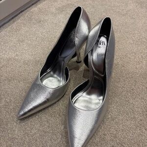 Zara Shiny Silver Pointed Heels